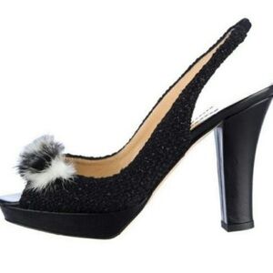 KATE SPADE Galore‎ Black Boucle Tweed Mink Fur Bow Slingback Peep Toe Heels Pump